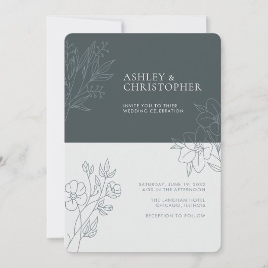 Minimal Space Gray Foliage Kontur Hochzeit Einladung (Vorderseite)