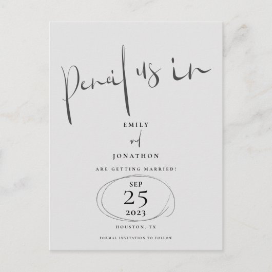 Minimal Stift uns in Script gray Save the Date Ankündigungspostkarte (Vorderseite)