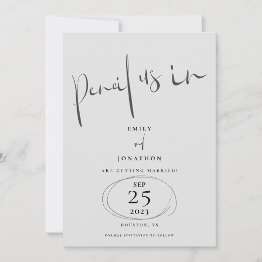 Minimal Stift uns in stylishem Skript grau Save The Date (Vorderseite)