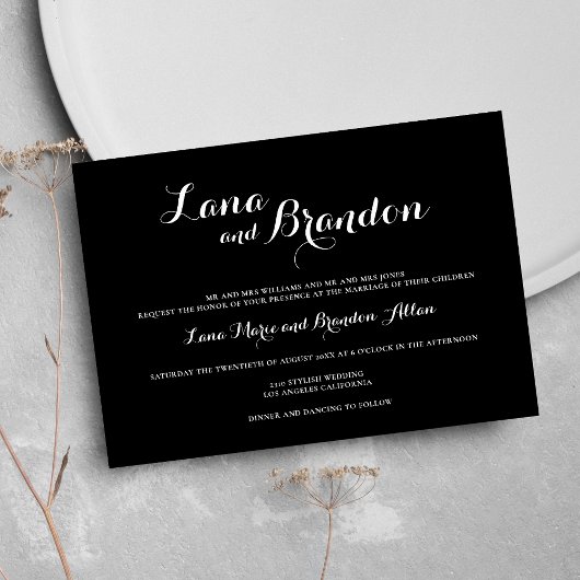 Minimal stylische Schwarz-weiße Hochzeit Einladung