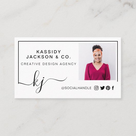 Minimal stylisches Script Monogram Frame Foto Weiß Visitenkarte (Vorderseite)