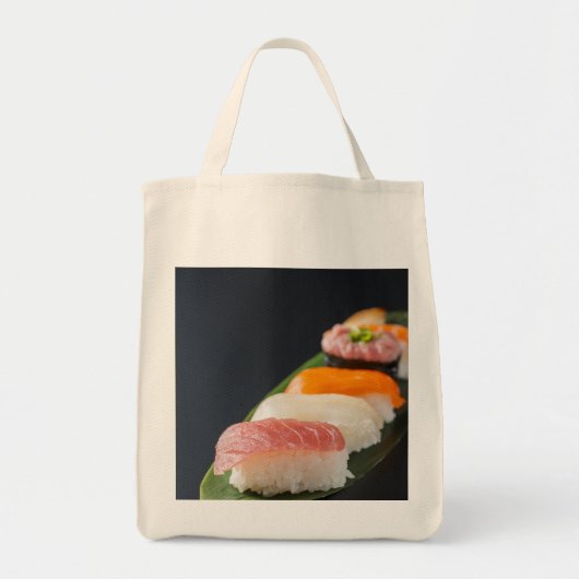 Minimal Sushi Elegance Tote – Nigiri on Leaf Tragetasche (Vorne)