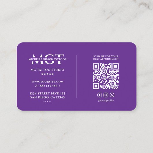 Minimal Tattoo Künstler Royal Lila Tattooist Visitenkarte (Rückseite)