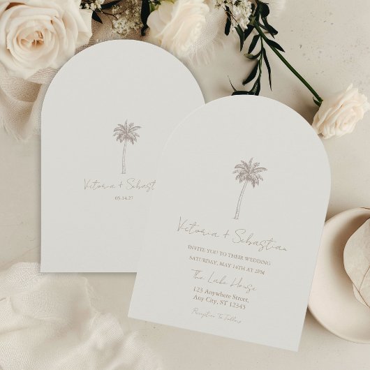 Minimal Taupe Palm Tree Beach Wedding Invitation Einladung