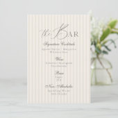 Minimal Taupe Stripe Wedding Bar Menu  Einladung (Stehend Vorderseite)
