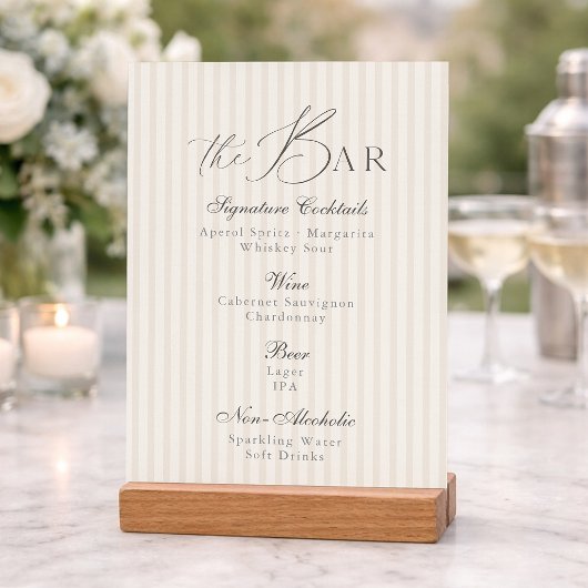 Minimal Taupe Stripe Wedding Bar Menu  Einladung