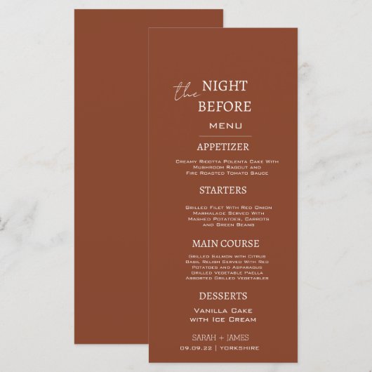 Minimal Terracotta am Abend vor der Hochzeit Menükarte (Vorne/Hinten)
