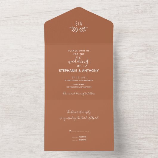 Minimal Terracotta Branch Calligraphy Wedding All In One Einladung (Innen Boden)