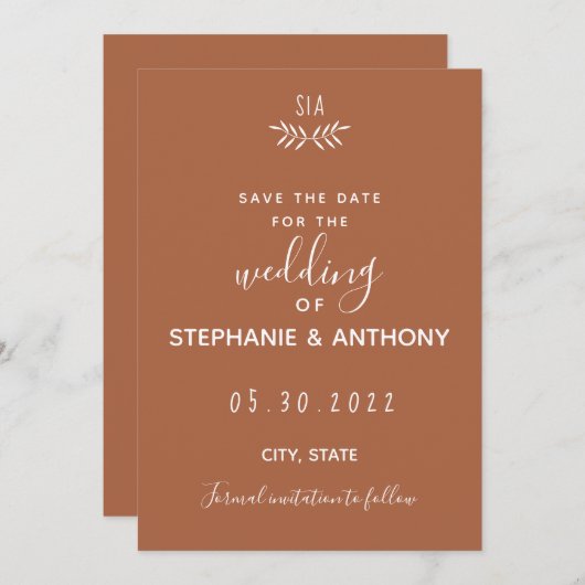 Minimal Terracotta Branch Calligraphy Wedding Save The Date (Vorne/Hinten)
