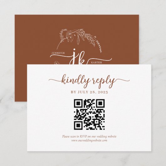 Minimal Terracotta Floral Monogram QR Code Hochzei RSVP Karte (Vorne/Hinten)