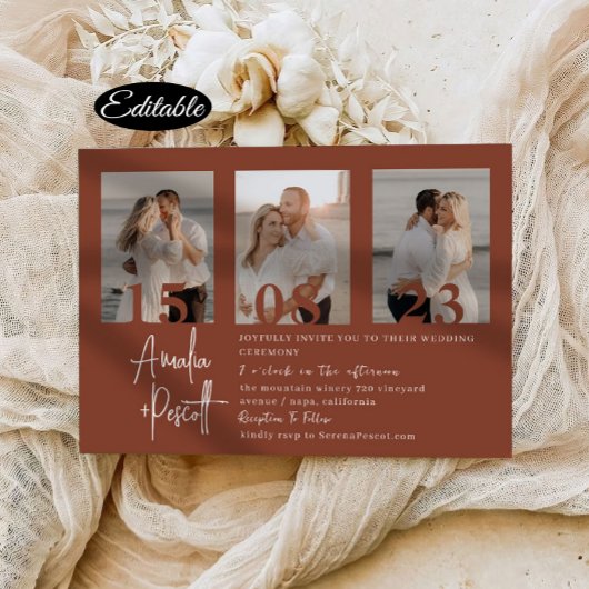 Minimal Terracotta Foto Collage Hochzeit Einladung