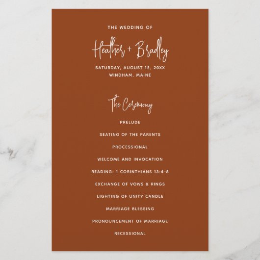 Minimal Terracotta Kupfer Budget Hochzeitsprogramm (Vorne)