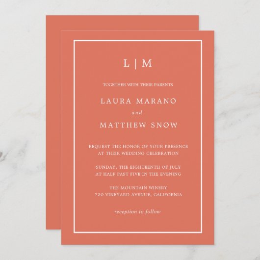 Minimal Terracotta Monogram Simple Wedding Einladung (Vorne/Hinten)