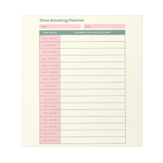 Minimal Time Blocking Planner Pink Layout Notizblock (Vorderseite)
