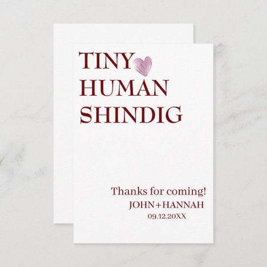 Minimal Tiny Human Shindig Funny Co-ed Baby Dusche Dankeskarte (Vorne/Hinten)
