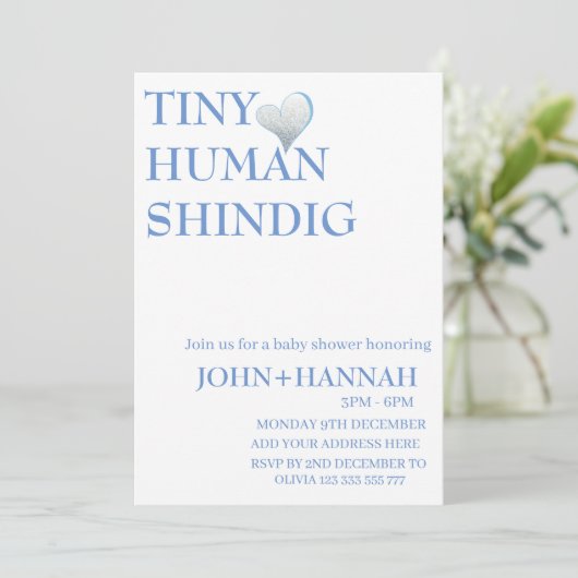 Minimal Tiny Human Shindig Funny Co-ed Baby Dusche Einladung (Stehend Vorderseite)