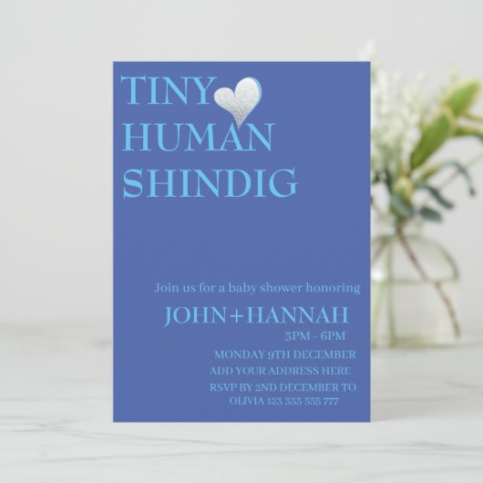 Minimal Tiny Human Shindig Funny Co-ed Baby Dusche Einladung (Stehend Vorderseite)