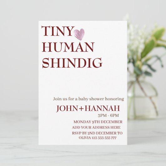 Minimal Tiny Human Shindig Funny Co-ed Baby Dusche Einladung (Stehend Vorderseite)
