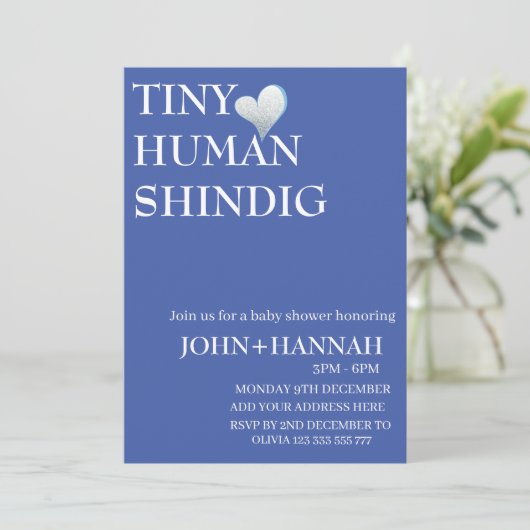 Minimal Tiny Human Shindig Funny Co-ed Baby Dusche Einladung (Stehend Vorderseite)