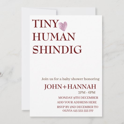 Minimal Tiny Human Shindig Funny Co-ed Baby Dusche Einladung (Vorderseite)