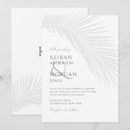 Minimal Tropical Palm Leaf Boho Beach Wedding Einladung (Vorne/Hinten)