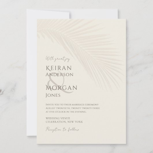 Minimal Tropical Palm Leaf Boho Beach Wedding Einladung (Vorderseite)