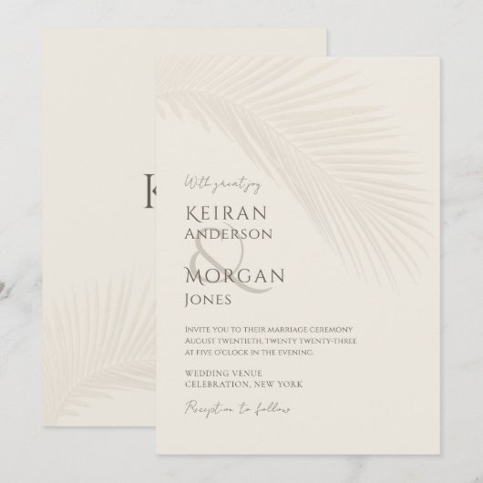 Minimal Tropical Palm Leaf Boho Beach Wedding Einladung (Vorne/Hinten)