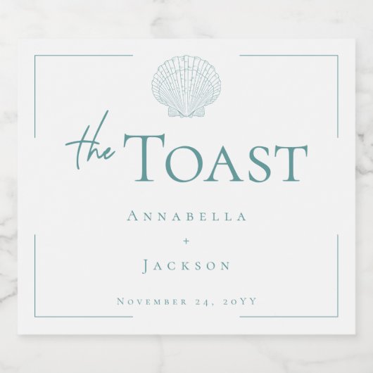 Minimal Typography Aqua & White Seashell Wedding Schaumweinetikett (Einzelnes Label)