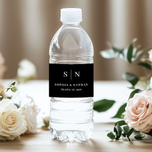Minimal und Chic Black Monogramm-Hochzeit Wasserflaschenetikett