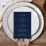 Minimal und Chic | Dark Navy Blue Wedding Menu Flyer<br><div class="desc">Diese eleganten,  modernen Hochzeitsmenükarten oder die Probe Dinner-Menükarten zeichnen sich durch ein schlichtes,  dunkelmarineblau-weißes,  minimalistisches Design aus. Fügen Sie Ihre Initialen oder Monogramme hinzu,  um sie komplett zu Ihrem eigenen zu machen.</div>