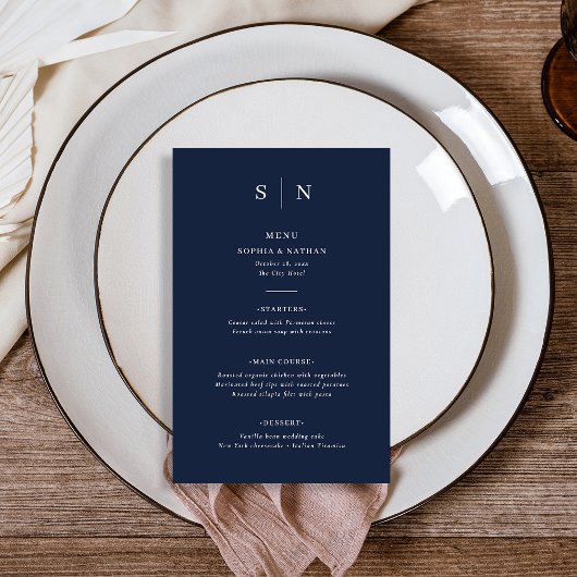 Minimal und Chic | Dark Navy Blue Wedding Menu Flyer