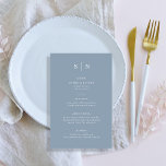 Minimal und Chic | Dusty Blue and White Menu Flyer<br><div class="desc">Diese eleganten,  modernen Hochzeitsmenükarten oder Menükarten für das Probe-Dinner zeichnen sich durch ein schlichtes,  blau-weißes Textdesign aus,  das minimalistisch wirkt. Fügen Sie Ihre Initialen oder Monogramme hinzu,  um sie komplett zu Ihrem eigenen zu machen.</div>