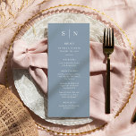 Minimal und Chic | Dusty Blue and White Wedding Menükarte<br><div class="desc">Diese eleganten,  modernen Hochzeitsmenükarten oder Menükarten für das Probe-Dinner zeichnen sich durch ein schlichtes,  blau-weißes Textdesign aus,  das minimalistisch wirkt. Fügen Sie Ihre Initialen oder Monogramme hinzu,  um sie komplett zu Ihrem eigenen zu machen.</div>