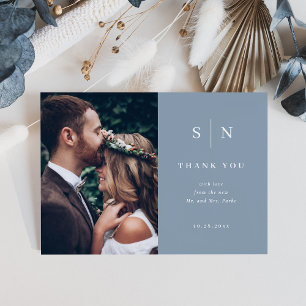 Minimal und Chic Dusty Blue Two Foto Wedding Dankeskarte