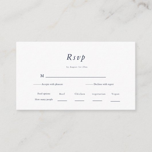 Minimal und Chic | RSVP für Navy und White Wedding Begleitkarte (Vorderseite)