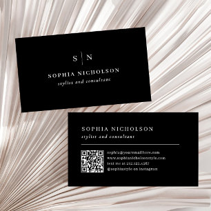 Minimal und Chic Schwarz mit Monogramm- und QR-C Visitenkarte