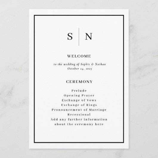 Minimal und Chic | Schwarz-Weiß-Grenzhochzeit Programm (Vorderseite)