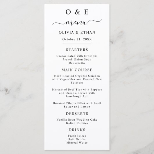 Minimal und Chic | Schwarz-Weiß-Hochzeitsessen Menükarte (Vorderseite)