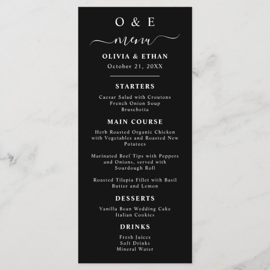 Minimal und Chic | Schwarz-Weiß-Hochzeitsessen Menükarte (Vorderseite)