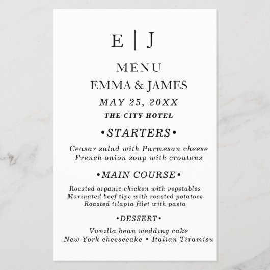 Minimal und Chic | Schwarz-Weiß-Hochzeitsmenü Flyer (Vorne)