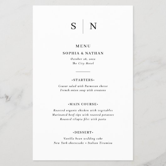 Minimal und Chic | Schwarz-Weiß-Hochzeitsmenü Flyer (Vorne)