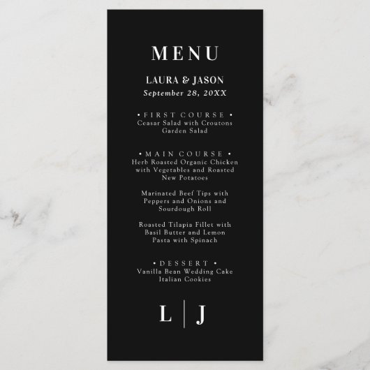 Minimal und Chic | Schwarz-Weiß-Hochzeitsmenü Menükarte (Vorderseite)