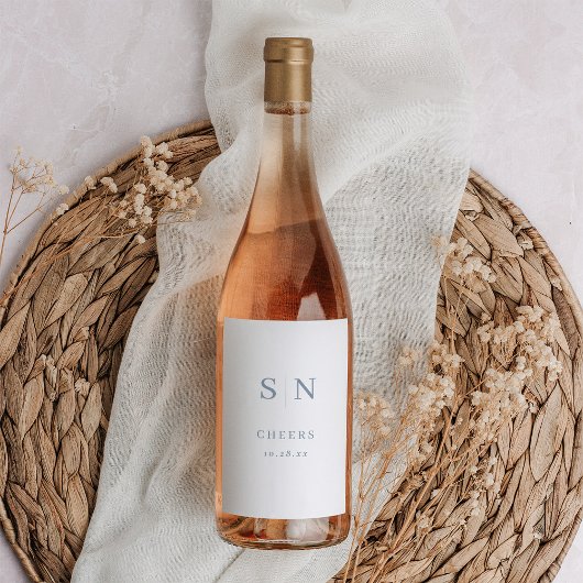 Minimal und Chic | White and Blue Monogram Cheers Weinetikett
