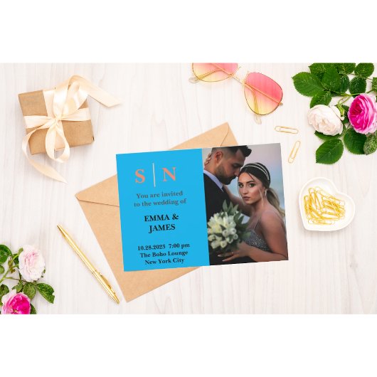 Minimal und ChicDusty Blue Zwei-Foto Hochzeit als Dankeskarte