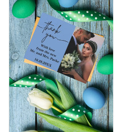 Minimal und ChicDusty Blue Zwei-Foto Hochzeit Dankeskarte