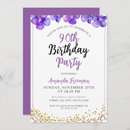 Minimal violette Blumen 90. Geburtstag Einladung (Vorne/Hinten)