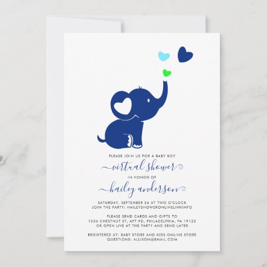 Minimal Virtual Baby Dusche Blue Boy Elephant Einladung (Vorderseite)