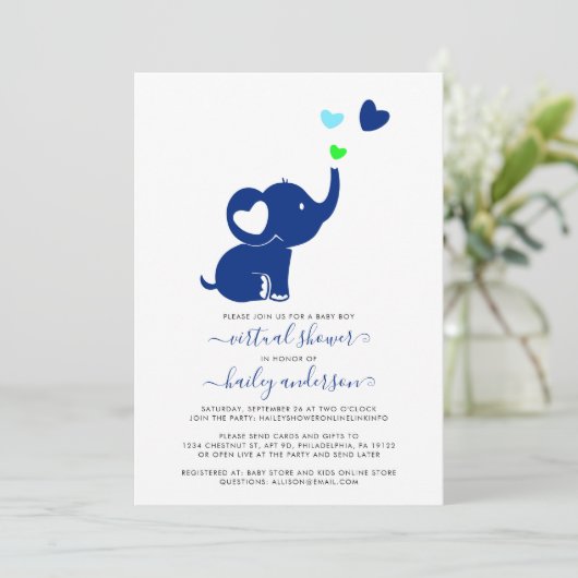 Minimal Virtual Baby Dusche Blue Boy Elephant Einladung (Stehend Vorderseite)