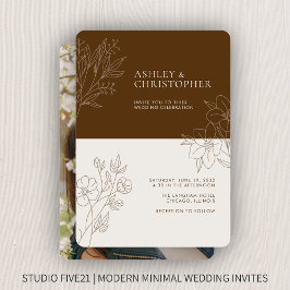 Minimal Walnut Brown Foliage Kontur Foto Hochzeit Einladung