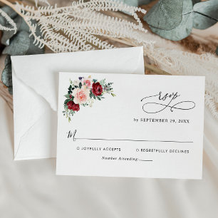 Minimal Wasserfarbe Burgundy Blush Blume Hochzeit RSVP Karte